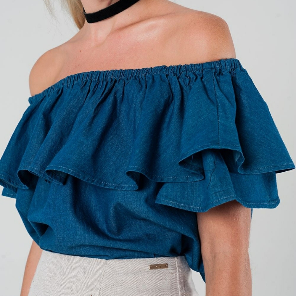 💖Dark Denim Off the Shoulder Tops🌸Best in Tops - Picture 2 of 5